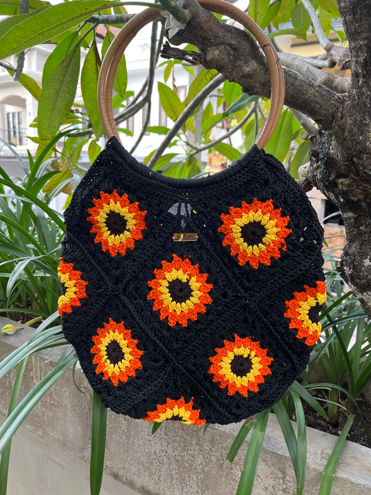 🌻 Sunburst Crochet Tote with Bamboo Handles